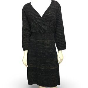 NWOT Lane Bryant Black/Gold Metallic Cotton V-Neck Dress 3/4 Sleeve Size 26/28
